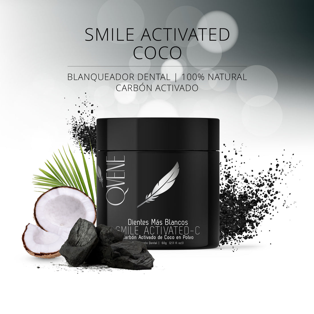 Kit 3 ACTIVATED SNOW-W SMILE Carbón Activado de Coco QVENE Auxiliar Para Blanqueamiento Dental  Smile Activated-C (60 Gr) + 2 Cepillos De Bambú (1 CAJA)